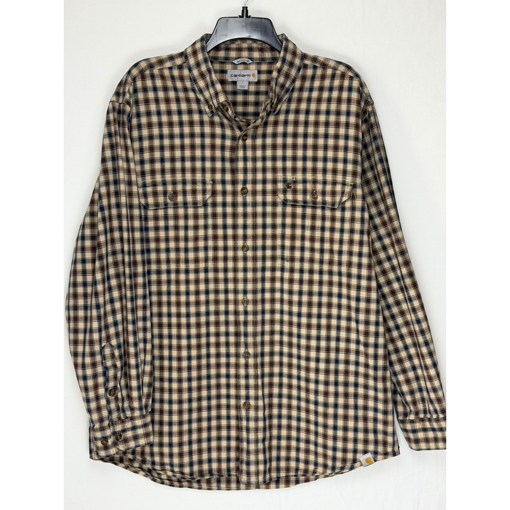 Carhartt Men Cotton Plaid Button Down Shirt L Brown Tan Relaxed Fit 100599 285